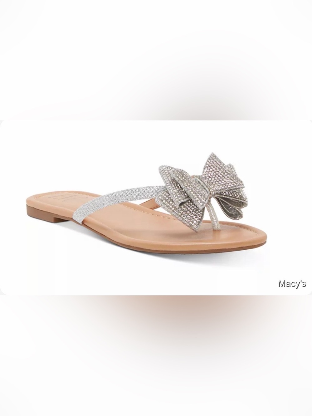 MACY’S INC Rhinestone Bow Silver Strap Sandals Flip Flops SZ 6 EUC